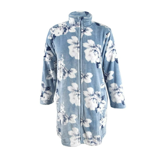 M Miss Elaine Fleece Robe Floral Print Short Robe Zipper front S L